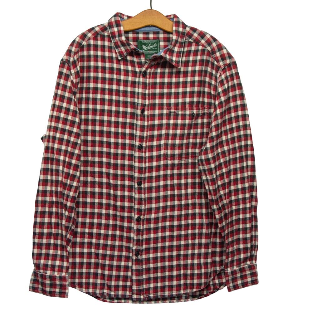 Men's Large WOOLRICH Black Red Checked Heavyweight Button Down Flannel Shirt